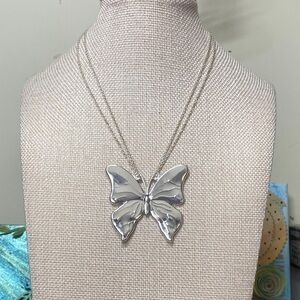 Vintage Double Strand Silver Butterfly Pendant Necklace